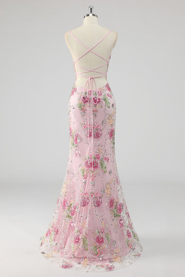 Sequins Mermaid Spaghetti Straps Pink Prom Dress with Appliques